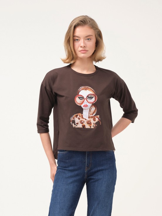 Camisola com estampado e mangas 3/4